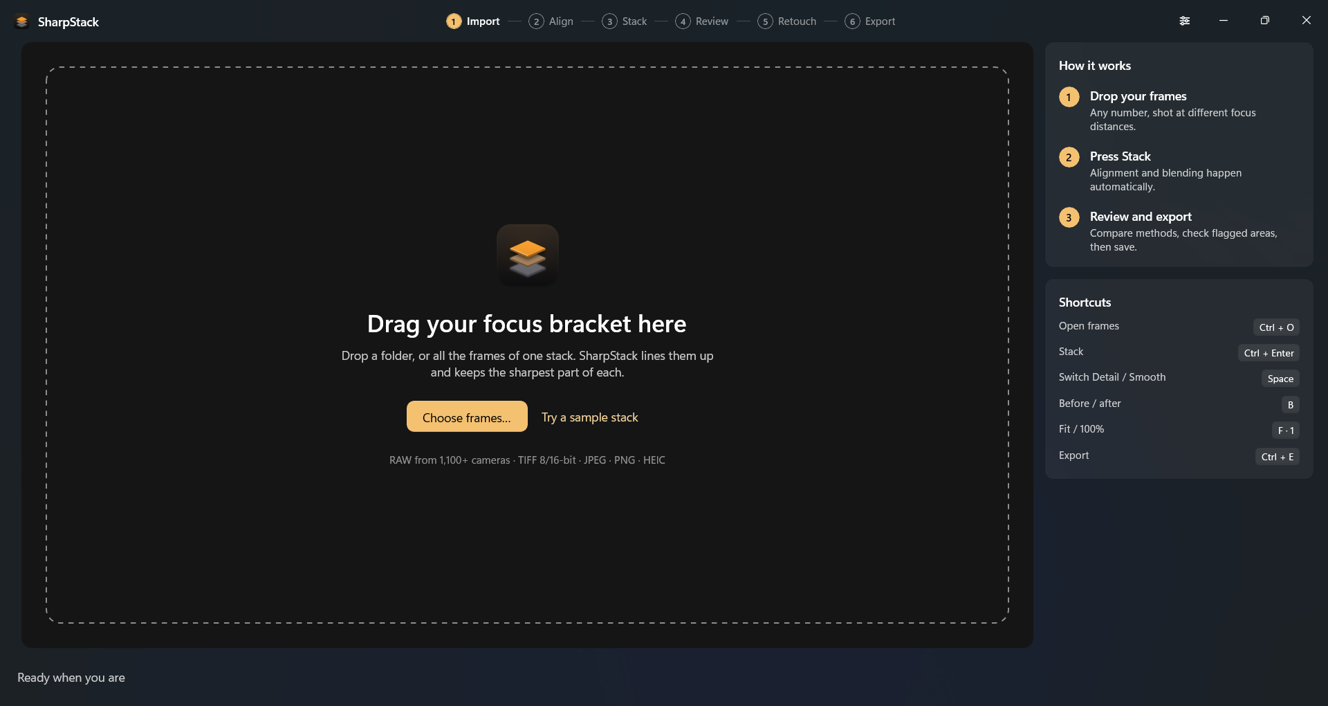 SharpStack empty drop zone — drag a focus bracket here