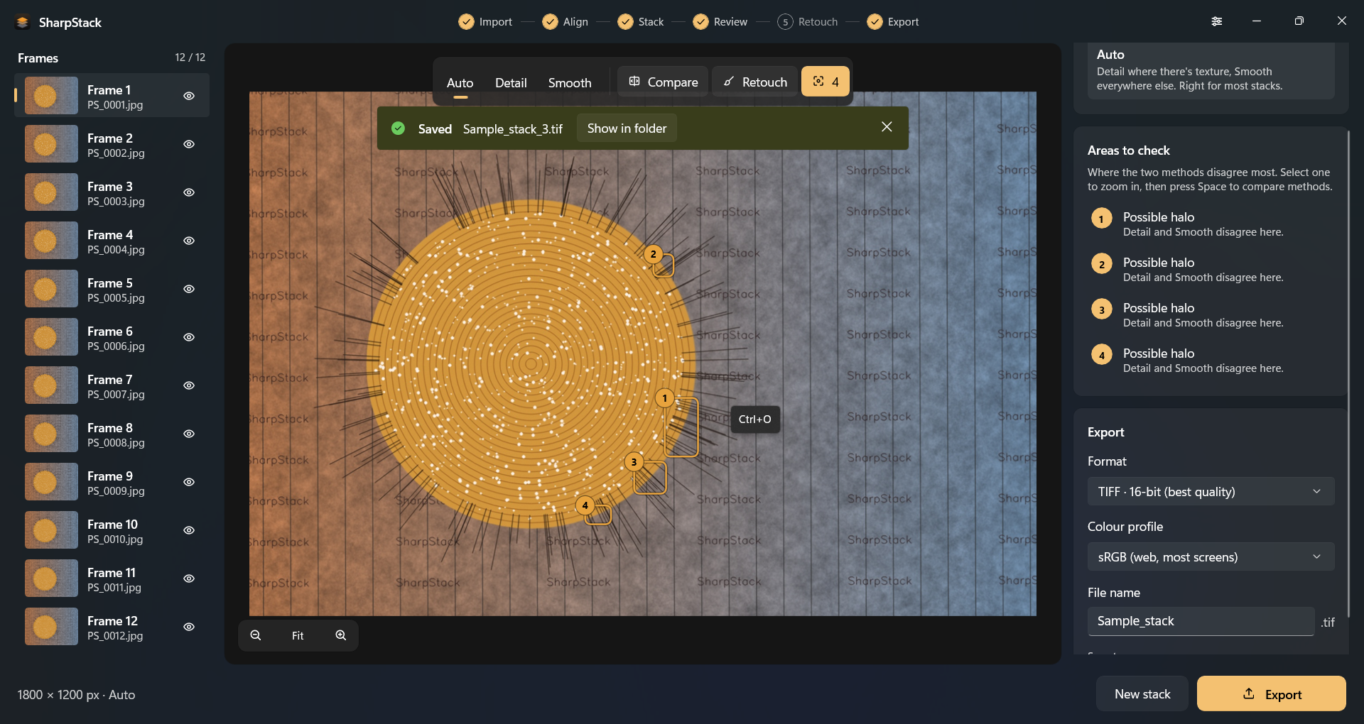 SharpStack review with Auto, Detail, Smooth, flagged areas, and TIFF export